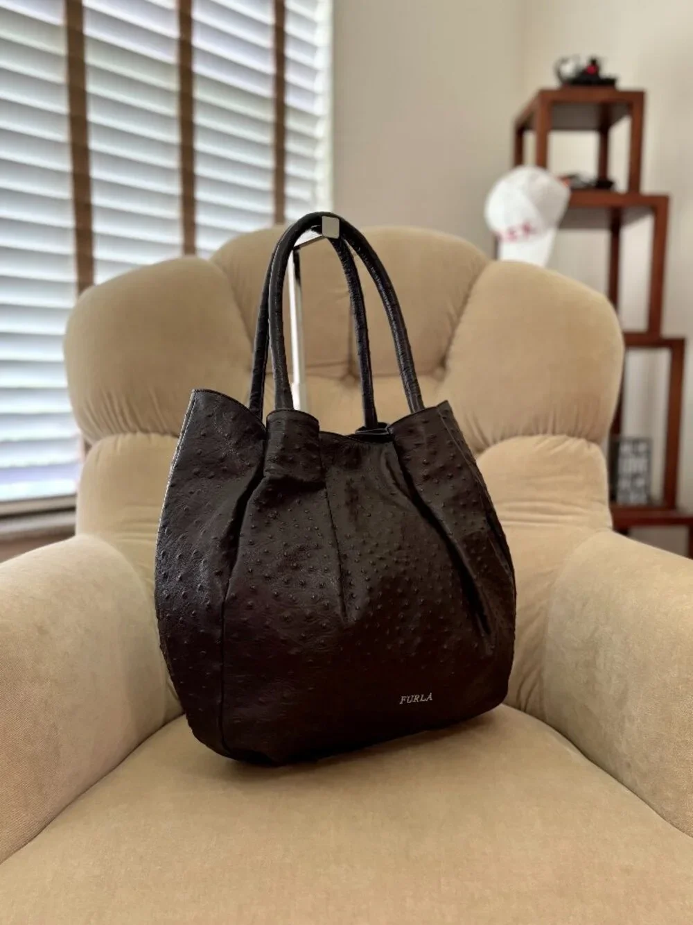 Auth FURLA Genuine Ostrich Embossed Leather Satchel Bag GORGEOUS!